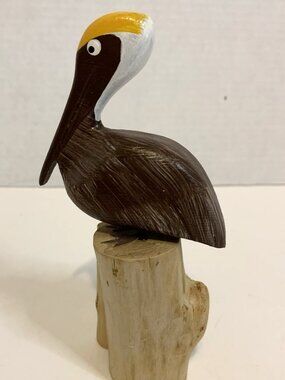 Wood Carved 6" Pelican on Wood Log Base Figurine